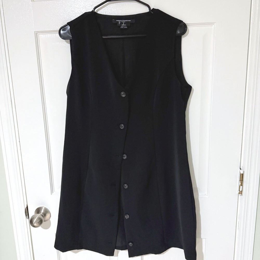 French Connection Black Sleeveless Button Down Mini Dress Medium V-Neck Tailored